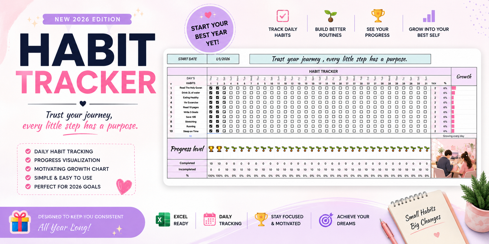 Cute Clean Growing Habit Tracker